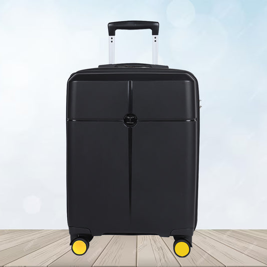 Small Cabin Suitcase (55 cm) 8 Wheels - Hard Sided PP 4 Wheel Spinner, Unbreakable Trolley Bag with Combi Lock - Black, Yellow