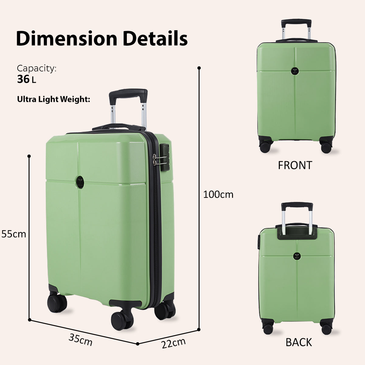 Small Cabin Suitcase (55 cm) 8 Wheels - Hard Sided PP 4 Wheel Spinner, Unbreakable Trolley Bag with Combi Lock - Green