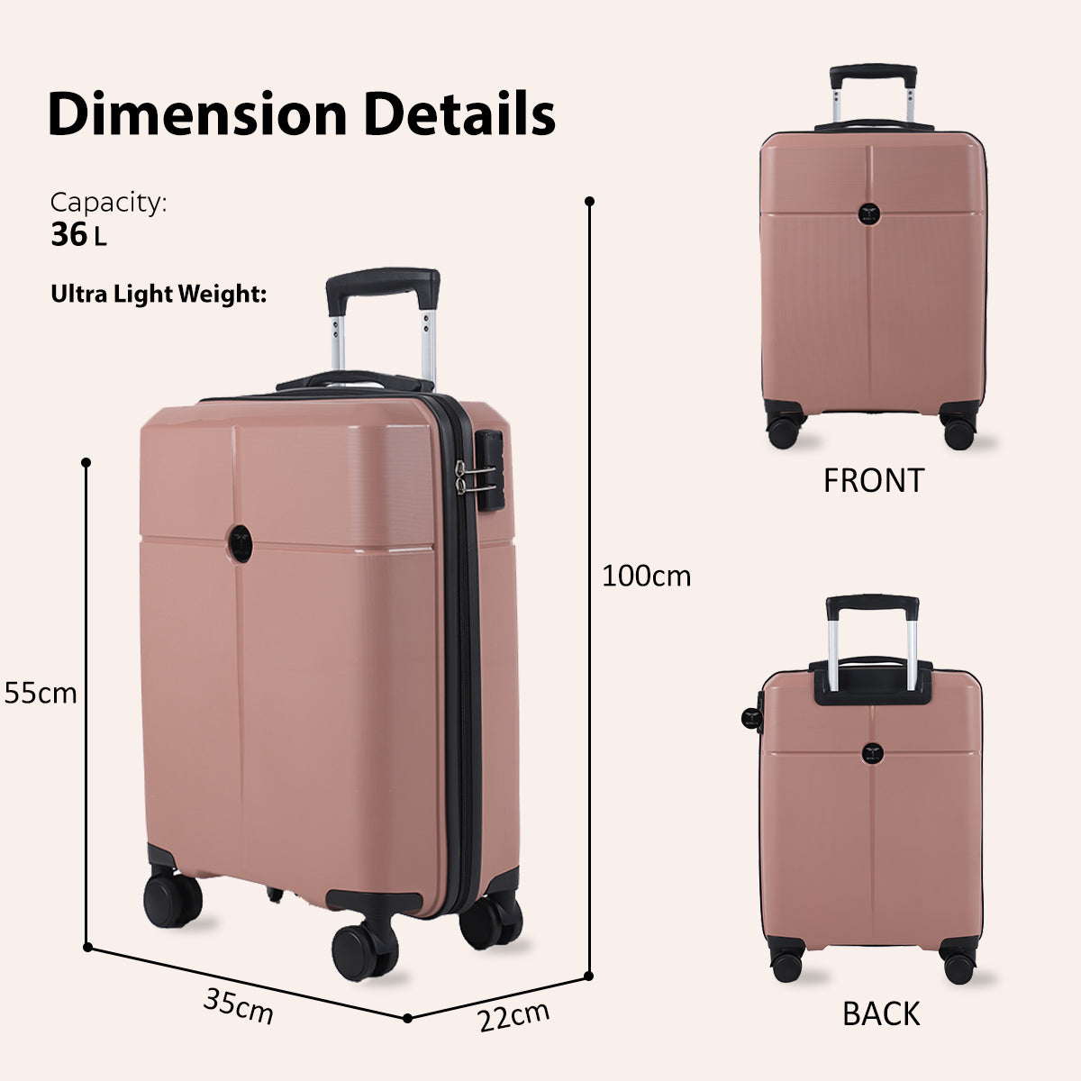 Small Cabin Suitcase (55 cm) 8 Wheels - Hard Sided PP 4 Wheel Spinner, Unbreakable Trolley Bag with Combi Lock - Pink, Multicolor