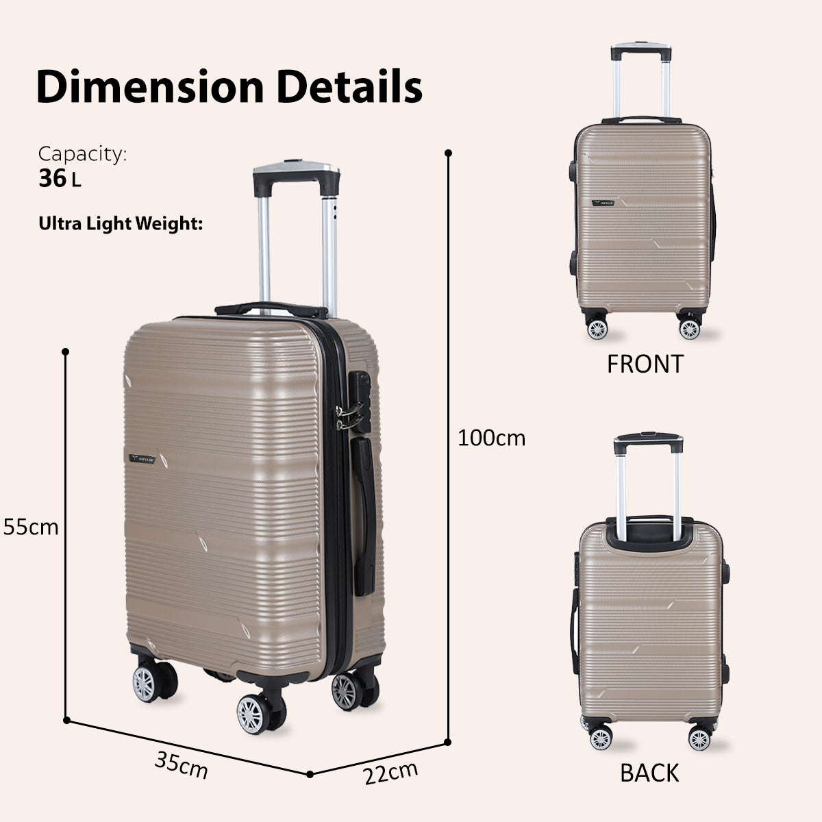 Small Cabin Suitcase (55 cm) 8 Wheels - Hard Sided ABS and PC 4 Wheel Spinner, Unbreakable Trolley Bag with Combi Lock - Beige