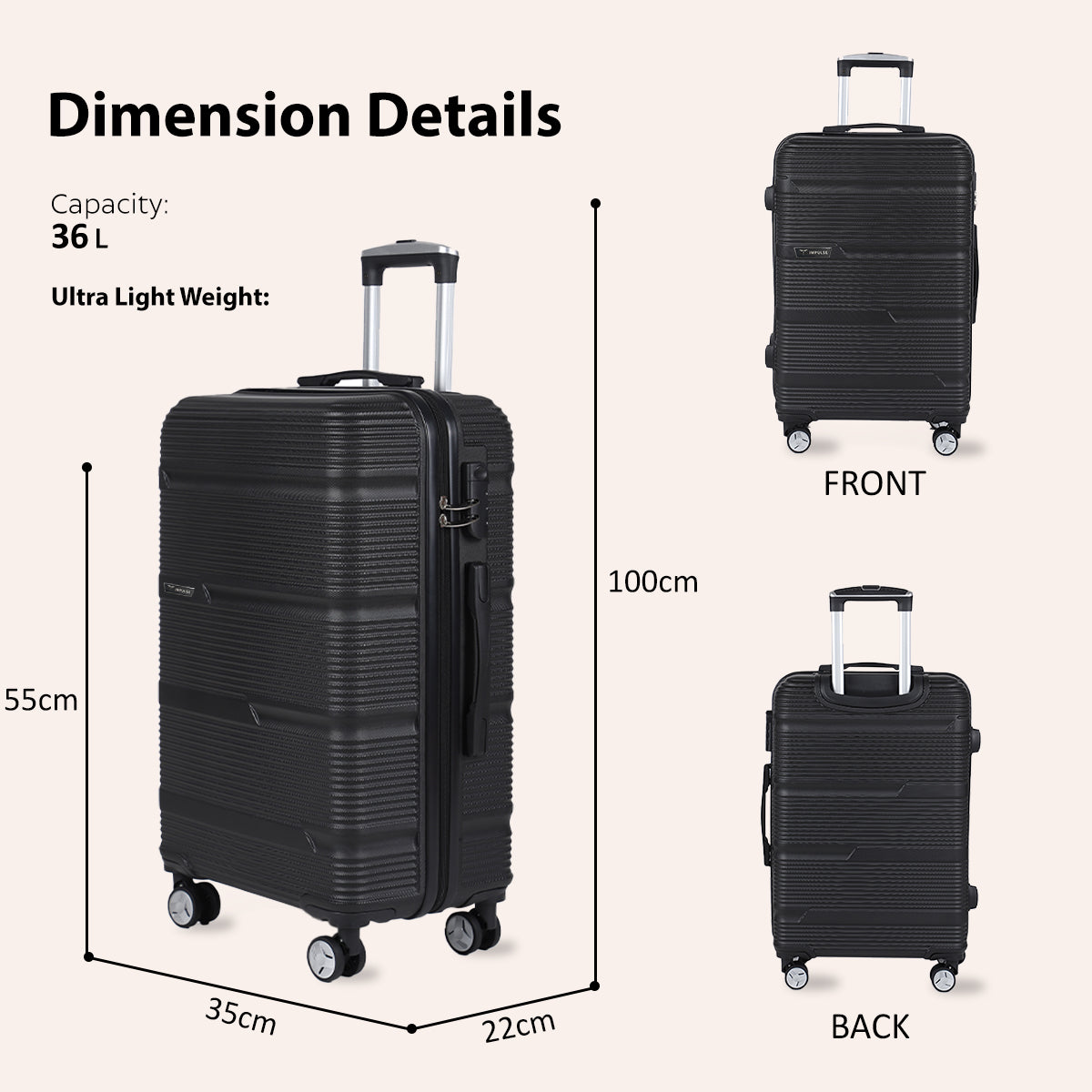 Small Cabin Suitcase (55 cm) 8 Wheels - Hard Sided ABS and PC 4 Wheel Spinner, Unbreakable Trolley Bag with Combi Lock - Black