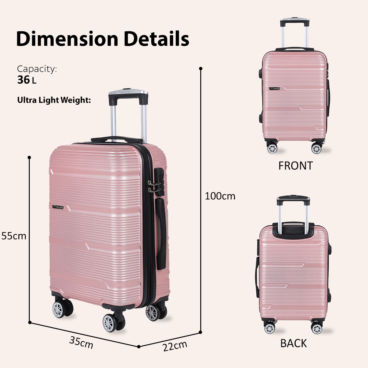 Small Cabin Suitcase (55 cm) 8 Wheels - Hard Sided ABS and PC 4 Wheel Spinner, Unbreakable Trolley Bag with Combi Lock - Pink