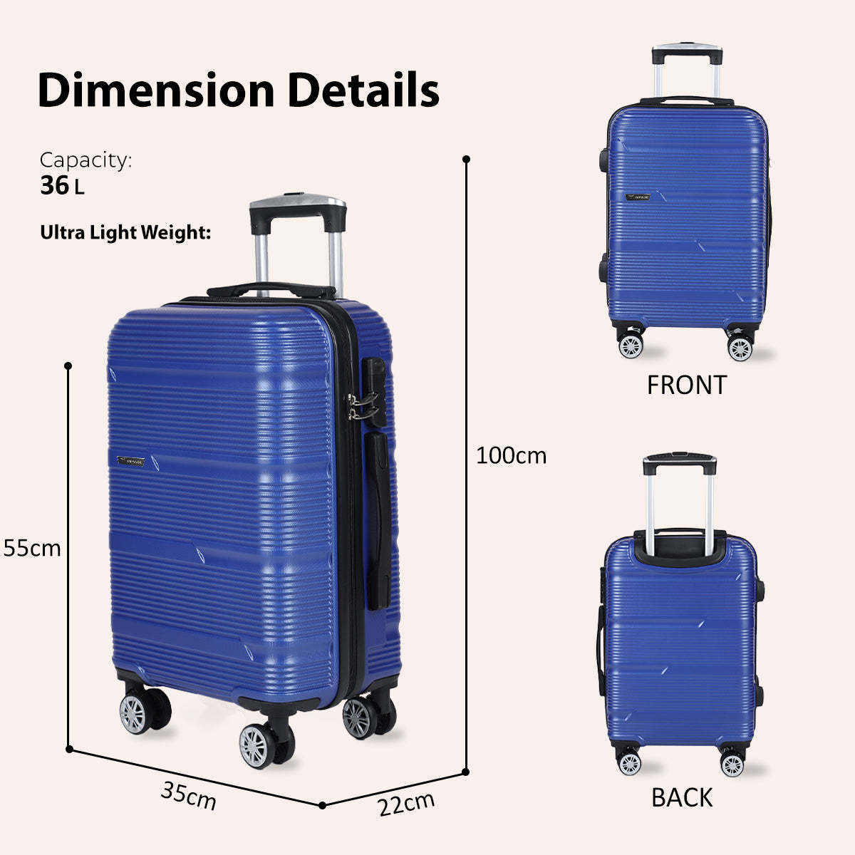 Small Cabin Suitcase (55 cm) 8 Wheels - Hard Sided ABS and PC 4 Wheel Spinner, Unbreakable Trolley Bag with Combi Lock - Blue