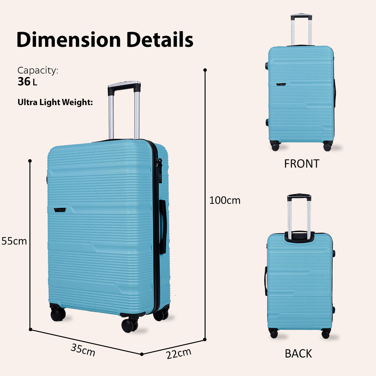 Small Cabin Suitcase (55 cm) 8 Wheels - Hard Sided ABS and PC 4 Wheel Spinner, Unbreakable Trolley Bag with Combi Lock - Blue, Multicolor