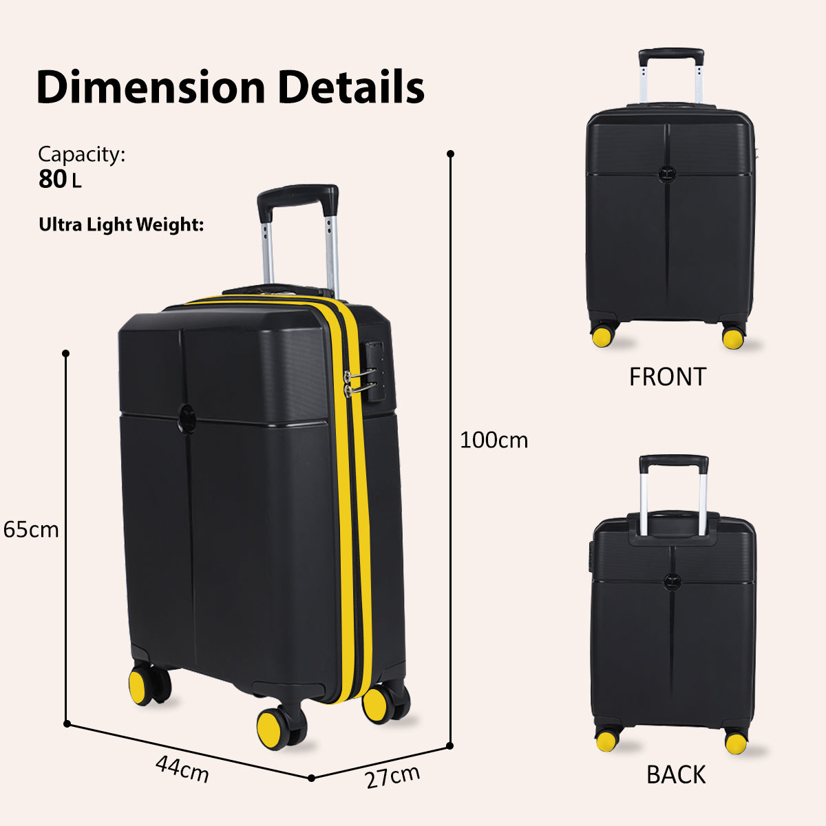 Medium Cabin Suitcase (65 cm) 8 Wheels - Hard Sided PP 4 Wheel Spinner, Unbreakable Trolley Bag with Combi Lock - Black, Yellow