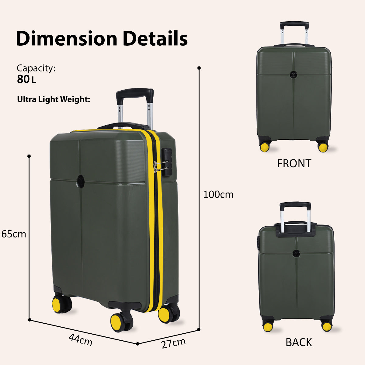 Medium Cabin Suitcase (65 cm) 8 Wheels - Hard Sided PP 4 Wheel Spinner, Unbreakable Trolley Bag with Combi Lock - Green, Yellow