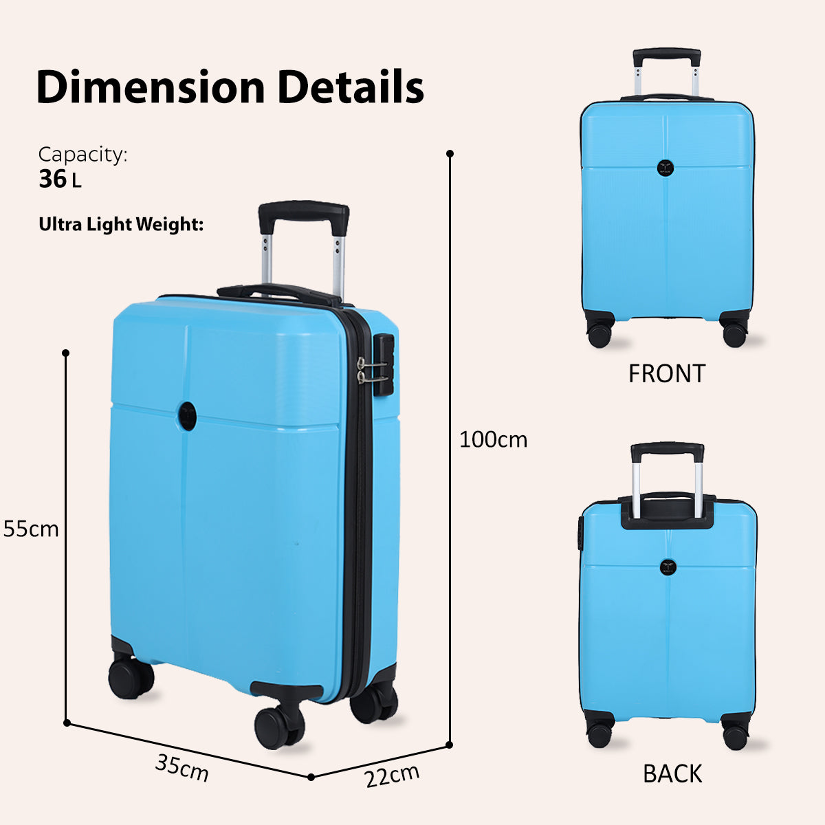 Small Cabin Suitcase (55 cm) 8 Wheels - Hard Sided PP 4 Wheel Spinner, Unbreakable Trolley Bag with Combi Lock - Blue