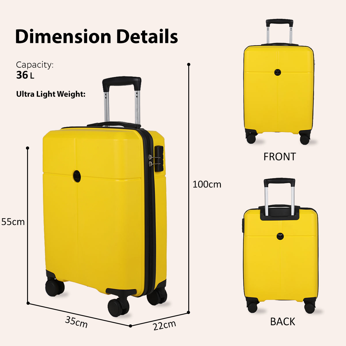 Small Cabin Suitcase (55 cm) 8 Wheels - Hard Sided PP 4 Wheel Spinner, Unbreakable Trolley Bag with Combi Lock - White