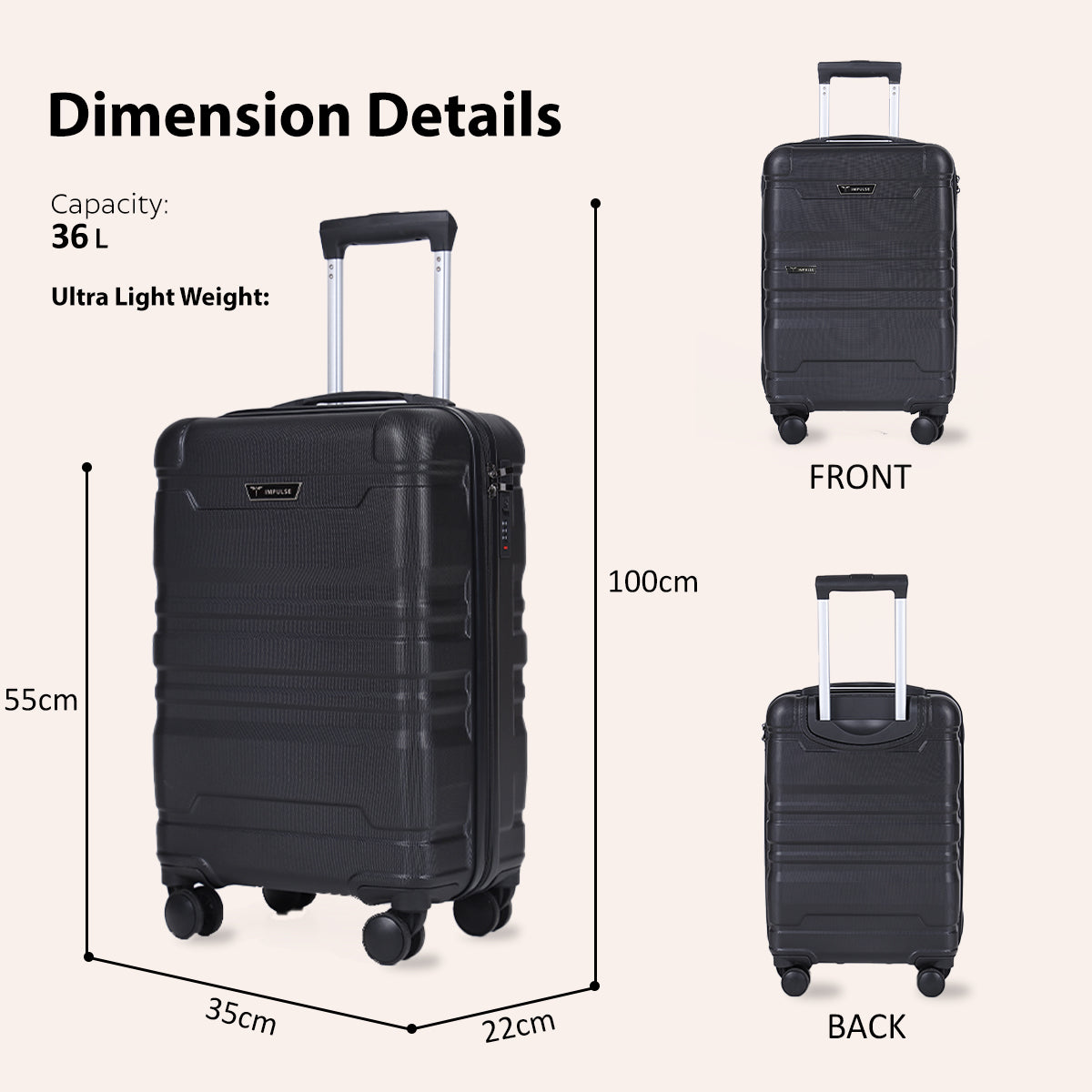 Small Cabin Suitcase (55 cm) 8 Wheels - Hard Sided ABS and PC 4 Wheel Spinner, Unbreakable Trolley Bag with Combi Lock - Black