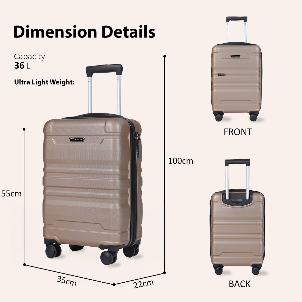 Small Cabin Suitcase (55 cm) 8 Wheels - Hard Sided ABS and PC 4 Wheel Spinner, Unbreakable Trolley Bag with Combi Lock - Beige