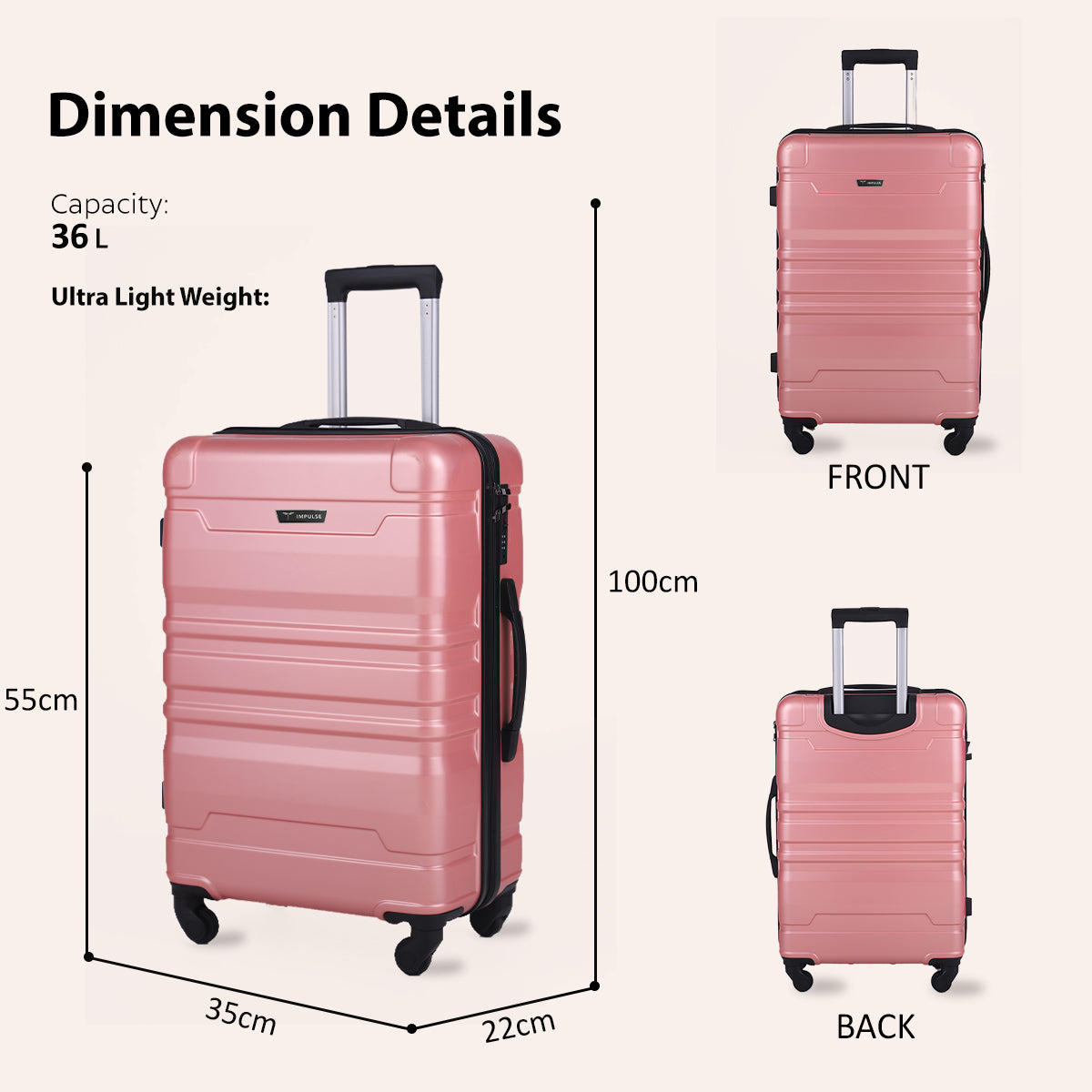 Small Cabin Suitcase (55 cm) 8 Wheels - Hard Sided ABS and PC 4 Wheel Spinner, Unbreakable Trolley Bag with Combi Lock - Pink