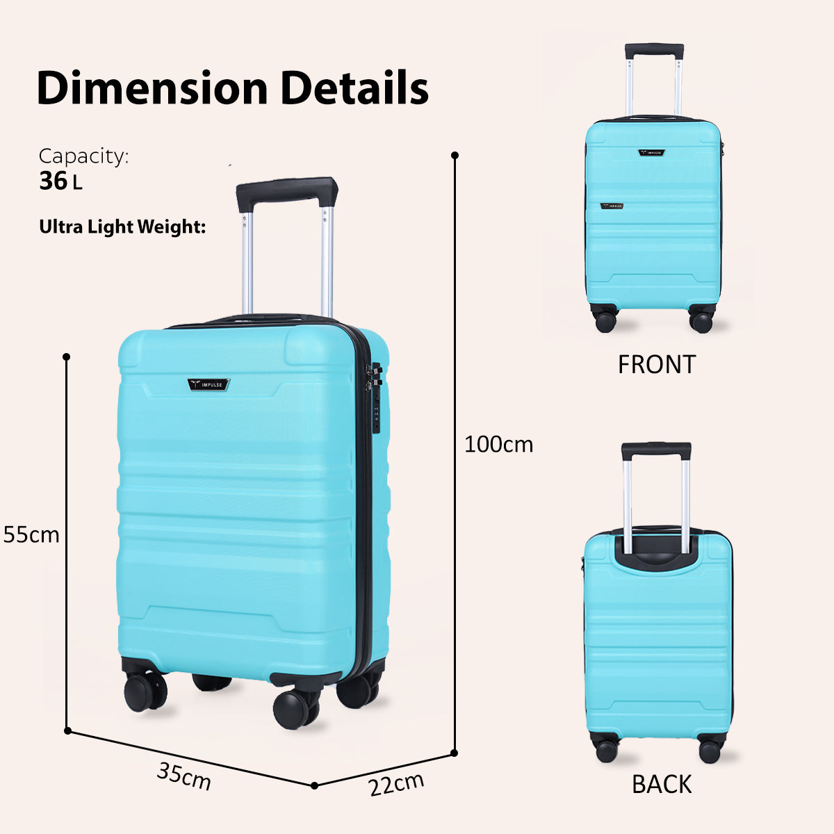 Small Cabin Suitcase (55 cm) 8 Wheels - Hard Sided ABS and PC 4 Wheel Spinner, Unbreakable Trolley Bag with Combi Lock - Blue, Multicolor