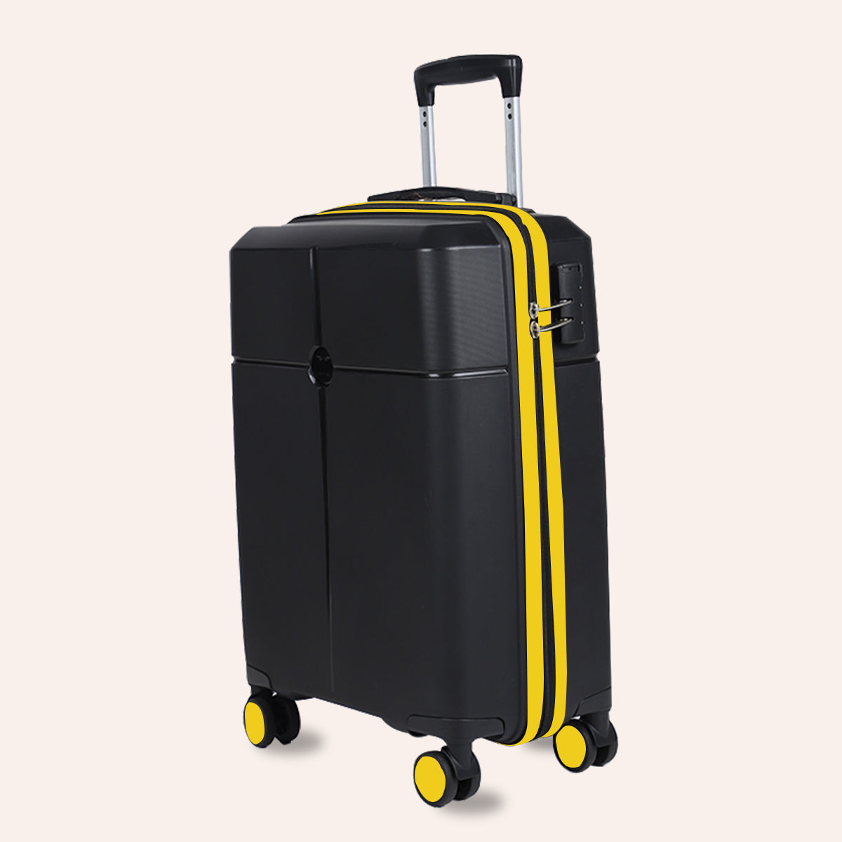 Medium Cabin Suitcase 65 cm 8 Wheels Hard Sided PP 4 Wheel Spinner Unbreakable Trolley Bag with Combi Lock Black Yellow