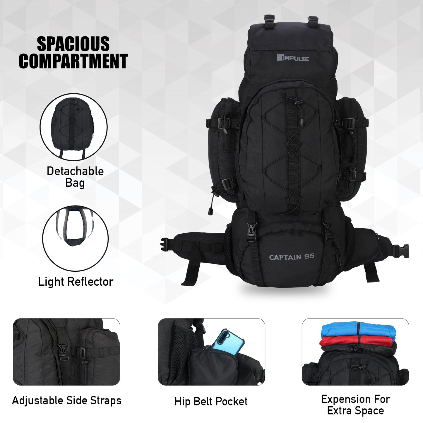 95 Litres Impulses Impulse Captain Black Trekking bag