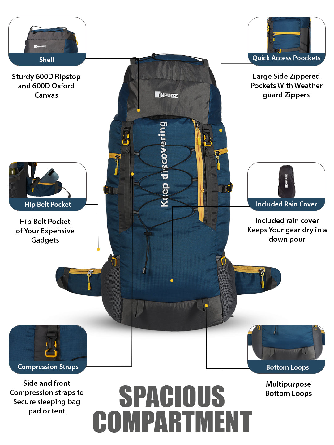 80 Litres KD007 Teal Blue Trekking bag