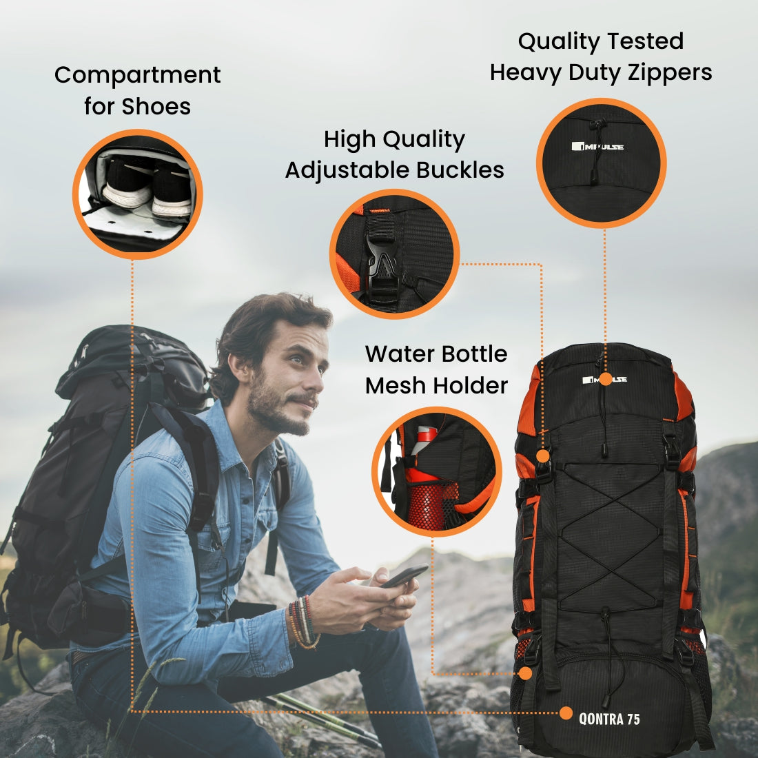 75 Litres Qontra Orange trekking Bag